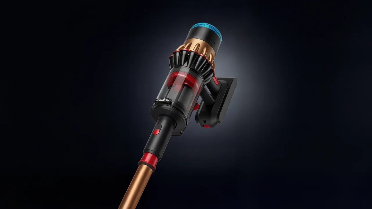 Close-up of the Dyson vacuum motor and body for a cinematic spec ad